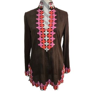 TORY BURCH Brown Tunic Long Sleeves Pink White Embroidery Size 6